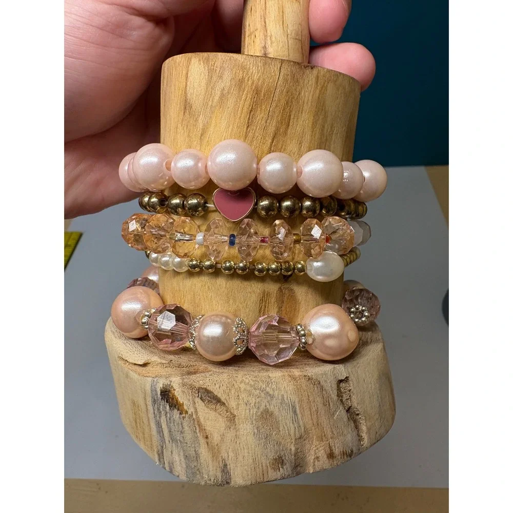 Pink Faux Pearl and Crystal Beaded Stretch Bracelet Set Gold Tone Heart 5 Piece